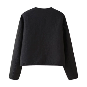 Women's black quilted jacket with floral embroidery textures and street fashion style