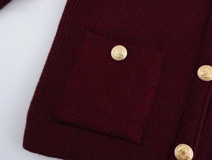 Detailed macro view of dense burgundy knit fabric with embossed gold heraldic button