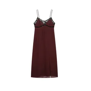 Robe Sexy pour Femmes en Satin Bourgogne Élégante Col en V Patchwork en Dentelle Fente Latérale Robe Maxi Sans Manches pour Soirée Fête Boîte de Nuit
