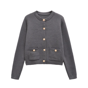 Classic dark grey knit cardigan with round neck and five golden embossed metal buttons