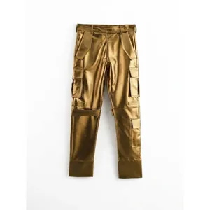 Pantalon Cargo Femme Jaune d'Or Métallisé Taille Haute Brillant Cuir PU Streetwear Large Hip Hop Harem Avec Poches