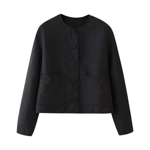 Women's chic black crewneck jacket featuring intricate floral jacquard texture and buttons