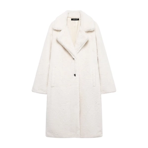 Women's faux fur long coat in cream white with wide lapels and button for winter