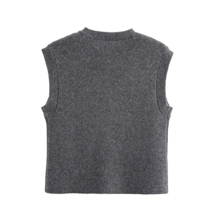 Women's dark grey ribbed knit sleeveless vest top with round neck for autumn layering
