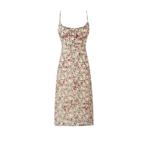 Women Vintage Floral Cami Dress Smocked Back Buttons Midi Dress Elegant Pastoral Style Polyester Slip Dress Summer Wear