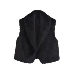 Gilet en Fausse Fourrure pour Femme Style Streetwear Noir Uni Sans Manches Revers Vêtements d'Extérieur Hiver Chaud Manteau Femme