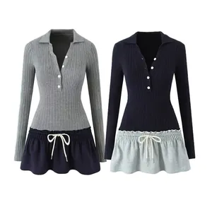 Women Slim Fit Knit Patchwork Fake Two-Piece Mini Dress V-Neck Long Sleeve Ribbed Pullover Fashion Commuter Dress