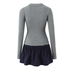 Women's slim fit grey knit patchwork dress with long sleeves and navy pleated skirt
