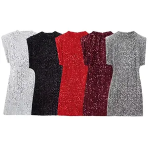 Robe Courte Sans Manches à Paillettes pour Femmes Élégante Épaulettes Moulante Soirée de Fête Robe Étincelante Coupe Ajustée
