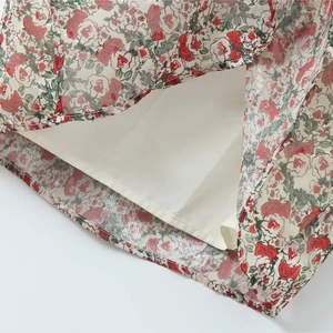 Women's floral chiffon strap dress with red rose print and soft inner lining layers