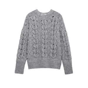 Pull Femme Tricot à Torsades Motif Cœur Col Rond Manches Longues Chandail Maille Streetwear Décontracté Automne Hiver