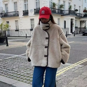 Women Casual Faux Fur Shearling Jacket Contrast Trim Stand Collar Thick Warm Fleece Coat Elegant Winter Outwear For Ladies