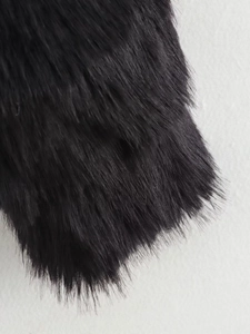 Close-up of thick black faux fur material on street fashion winter coat sleeve or collar