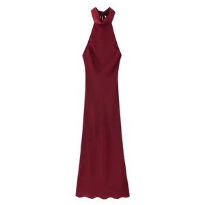 Elegant halter neck wine red satin dress featuring a delicate bow tie detail at the back