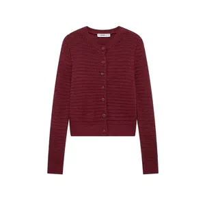 Women's Burgundy Round Neck Knitted Cardigan Long Sleeve Button Up Textured Solid Color Casual Winter Sweater Top