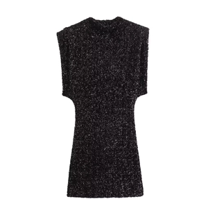 Elegantes ärmelloses schwarzes Pailletten-Minikleid mit Schulterpolstern für schicke Partys