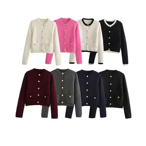 Women's Casual Knitted Cardigan Crew Neck Long Sleeve Jacket With Gold Buttons Elegant Solid Color Sweater Outerwear