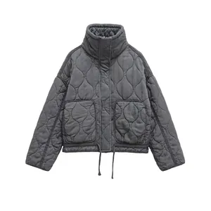 Veste Matelassée en Tencel Décontractée pour Femmes Col Montant Manteau Rembourré Ample Avec Poches Cordon Hiver Extérieur