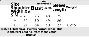 Size chart detail for short sleeve knitted top with bust and shoulder measurements