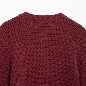 Women's 2024 fall dark red textured knit sweater with hollow crochet and ribbed crew neck