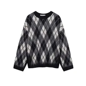 Damen Casual Argyle Strickpullover Rundhals Langarm Farblock Pullover Flauschiger Strick Herbst Winter Mode Oberteil