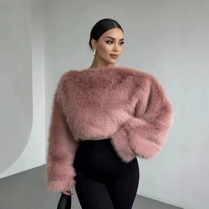 Women Casual Faux Fur Pullover Top Round Neck Long Sleeve Short Fuzzy Sweatshirt Solid Streetwear Autumn Winter Outwear