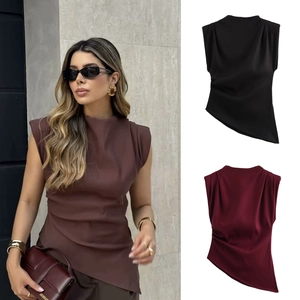 Women's sexy sleeveless padded shoulder top with ruching and asymmetrical hemline