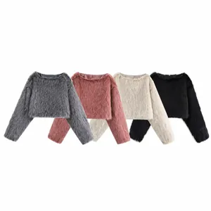 Women's faux fur round neck sweaters in grey, pink, cream and black stylish colors
