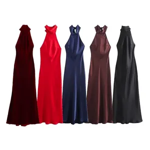 Robe Longue Femme Élégante Dos Nu en Satin Velours Couleur Unie Sans Manches Coupe Trapèze pour Banquets et Fêtes