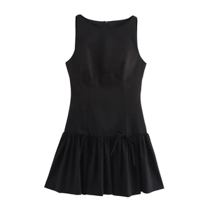 Elegant sleeveless black mini dress with waist bows and pleated ruffle hem details