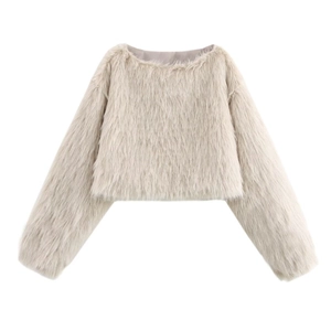 Chic beige faux fur cropped coat for women with long sleeves and soft fluffy texture