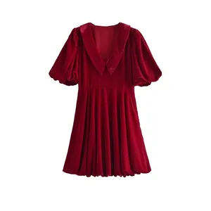 Robe Mini en Velours Rouge Vintage Femme Col Claudine Scollo en V Manches Bouffantes Plissé Ligne A Robe Courte Casual