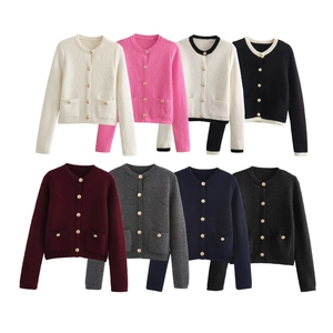 Women's crew neck knit cardigans in eight colors with gold buttons and dual front pockets