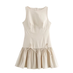 Elegant cream sleeveless mini dress with bow accents and pleated skirt for women