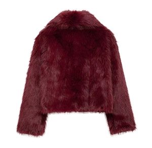 Rear view of deep wine red faux fur short jacket featuring luxury high-density plush texture