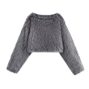 Women's chic grey faux fur cropped sweater with long sleeves and wide boat neck