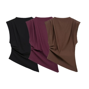 Detail of ruched waist design on sleeveless tops in black, burgundy and brown