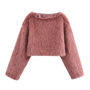 Women's mauve faux fur jacket with boat neck and long sleeves for autumn street fashion
