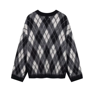 Damen Strickpullover mit Rautenmuster und Mohair-Textur in Schwarz und Grau Design