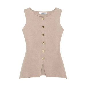 Detail shot of beige knit vest with signature golden buttons and fine ribbed texture