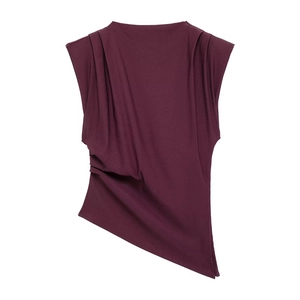 Detailed close-up of dark purple asymmetrical pleated sleeveless top with ruching