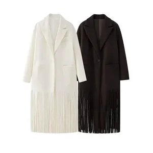 Cappotto Blazer Lungo da Donna Street Fashion Orlo con Frange Rever a Tacche Monopetto Tinta Unita in Poliestere