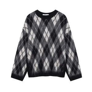 Damen Strickpullover mit klassischem Rautenmuster in Schwarz Weiß Grau und Rundhals