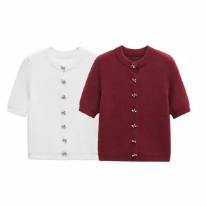 Women Elegant Sweet Short Sleeve Knit Cardigan Round Neck Bow Metal Button Plush Texture Knitwear Sweater Top