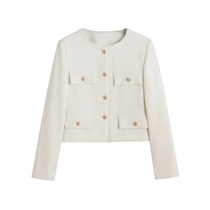 Close-up of cream tweed jacket featuring four pockets and gold buttons in a flat lay view