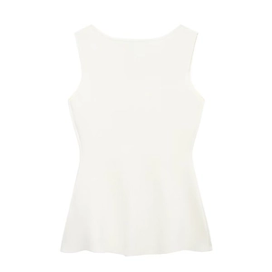 Close-up of white ribbed knit vest featuring elegant golden buttons and crew neckline
