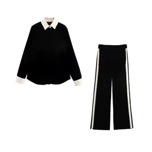 Ensemble Femme en Velours Chemise à Manches Longues et Pantalon Large Top And Bottom Streetwear Tenues Décontractées