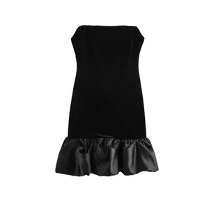 Women Elegant Black Velvet Satin Patchwork Bandeau Dress Sexy Off Shoulder Bodycon Ruffle Hem Mini Party Cocktail Dress