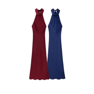 Women Halter Neck Backless Satin Maxi Dress Elegant Bow Sleeveless A-Line Evening Party Evening Long Dress Wine Red