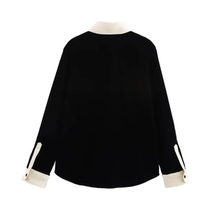 Ensemble chemise en velours pour femme, corps noir avec col et poignets blancs contrastés